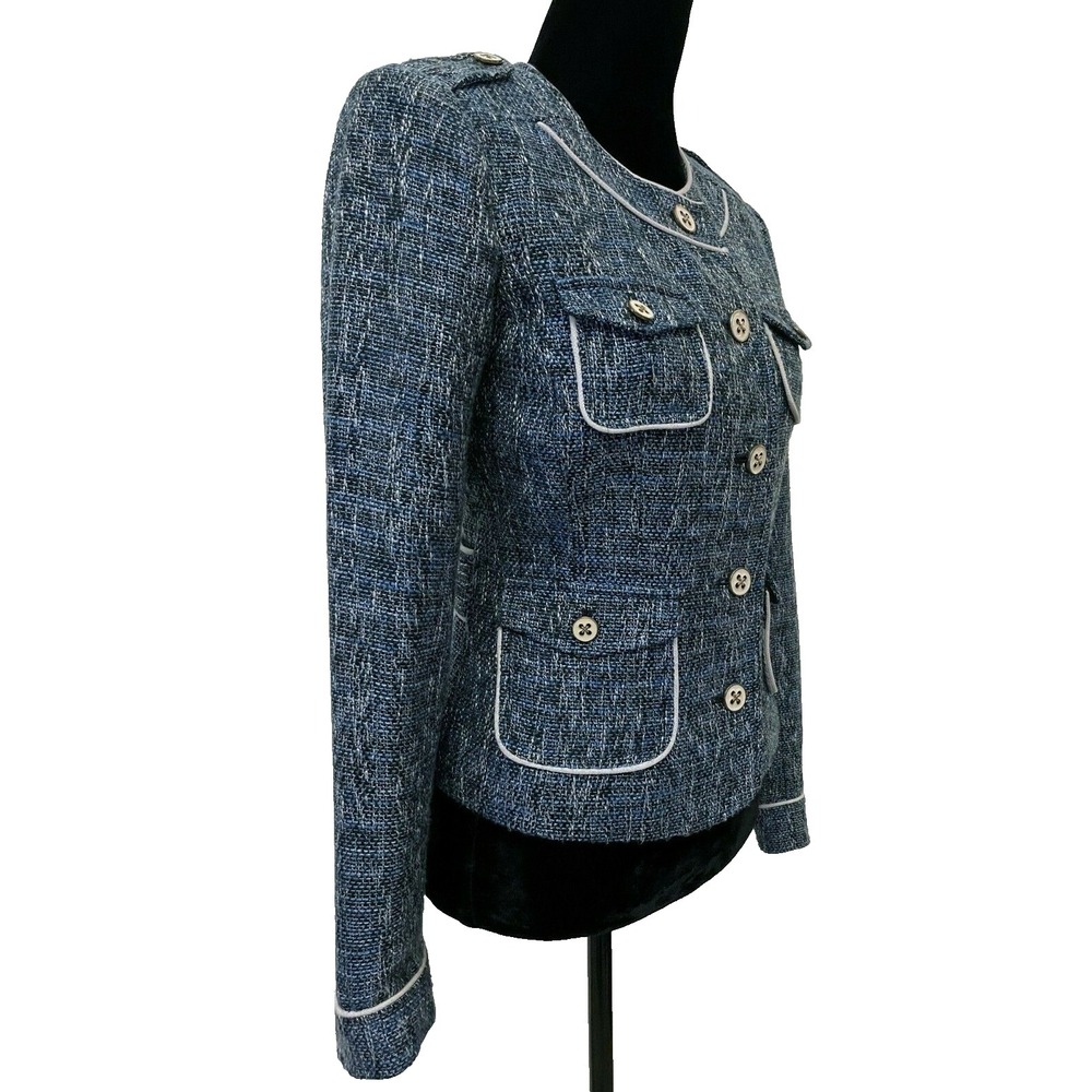 Vintage Cache Womens Multi Pocket Jacket Size 6 Blue Metallic Woven Tweed Blend - Picture 6 of 13